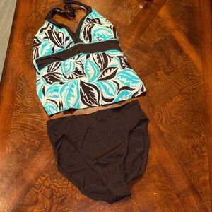 Brown and Blue Leaf Print Halter Swimsuit